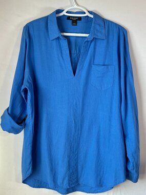 Nine West  Jeans  Missy Fit Linen-Blend Blue Tunic Top – Size L